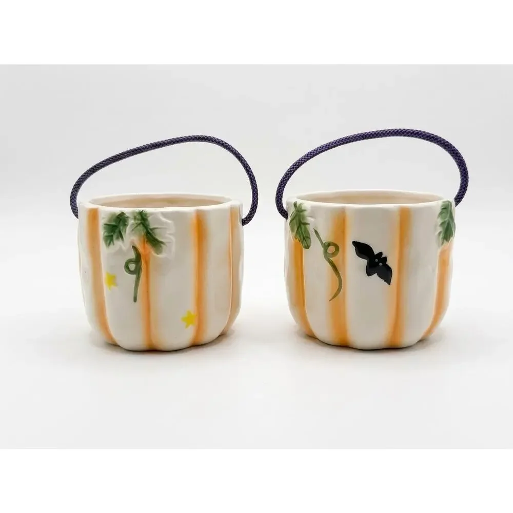 Set of 2 Royal Norfolk Halloween Ceramic Buckets Pots Candy Dishes Rope Handles